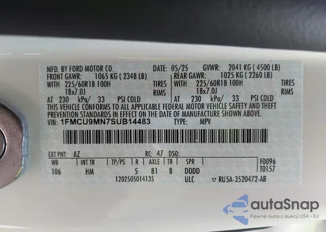 2025 Ford Escape St-Line z USA, uszkodzony, nr VIN 1FMCU9MN7SUB14483